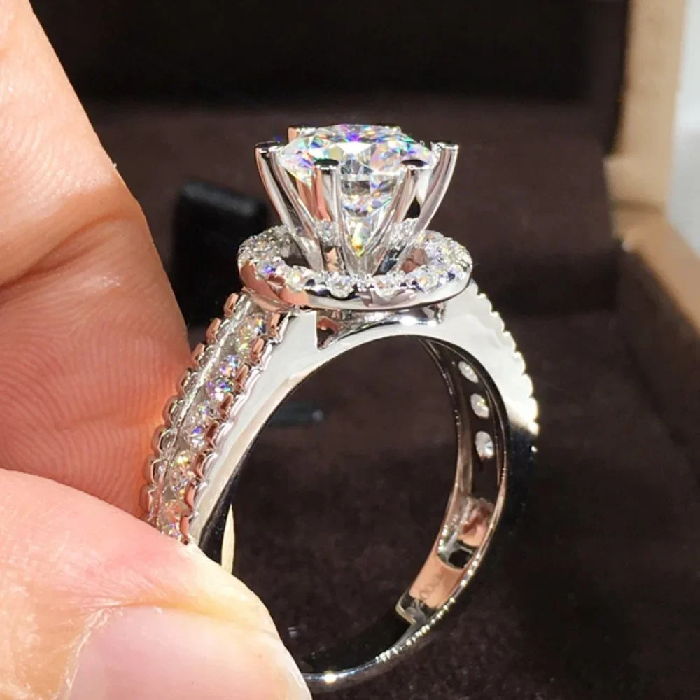 🌸Engagement Round CZ Diamond Bling Anillos Silver Dainty Wedding Ring,UNVN12128